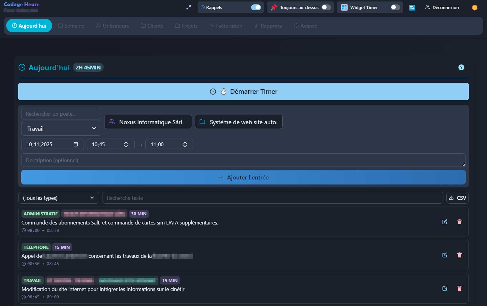 Vue Aujourd'hui - Saisie du temps